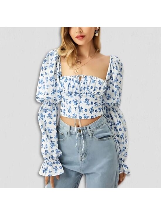 Tops - Vintage Y2K Floral Cropped Top Blue and White Medium